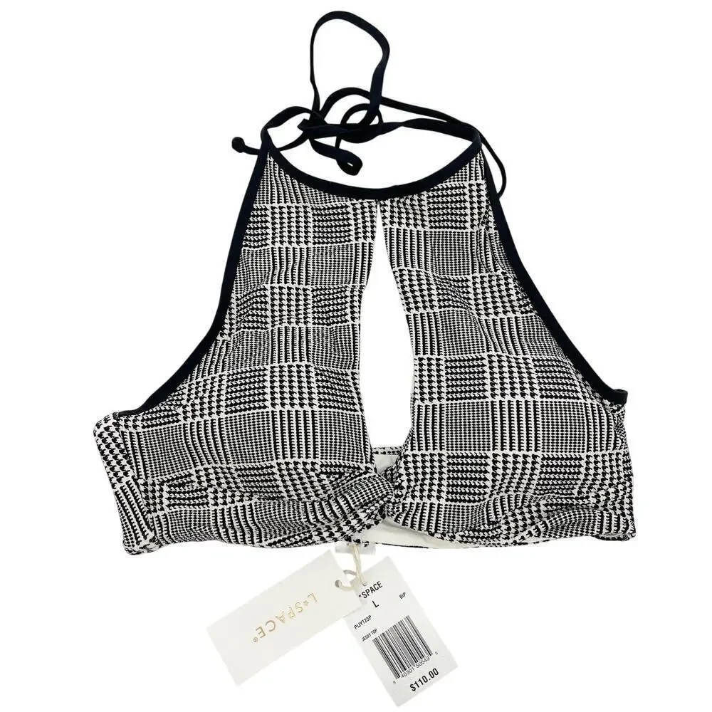 L*Space Jessy High Neck Cutout Bikini Top Best I Ever Plaid Size Large NEW!